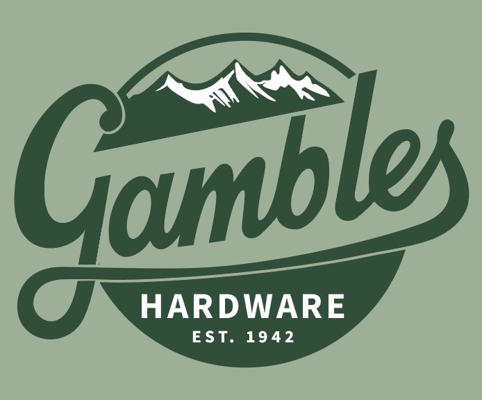 Gambles Hardware on a green background with mountains