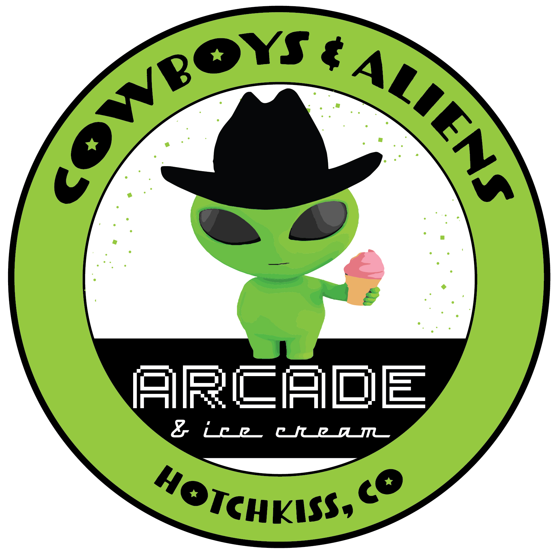 green alien with a cowboy hat and an ice cream cone- Cowboys and Aliens Arcade logo