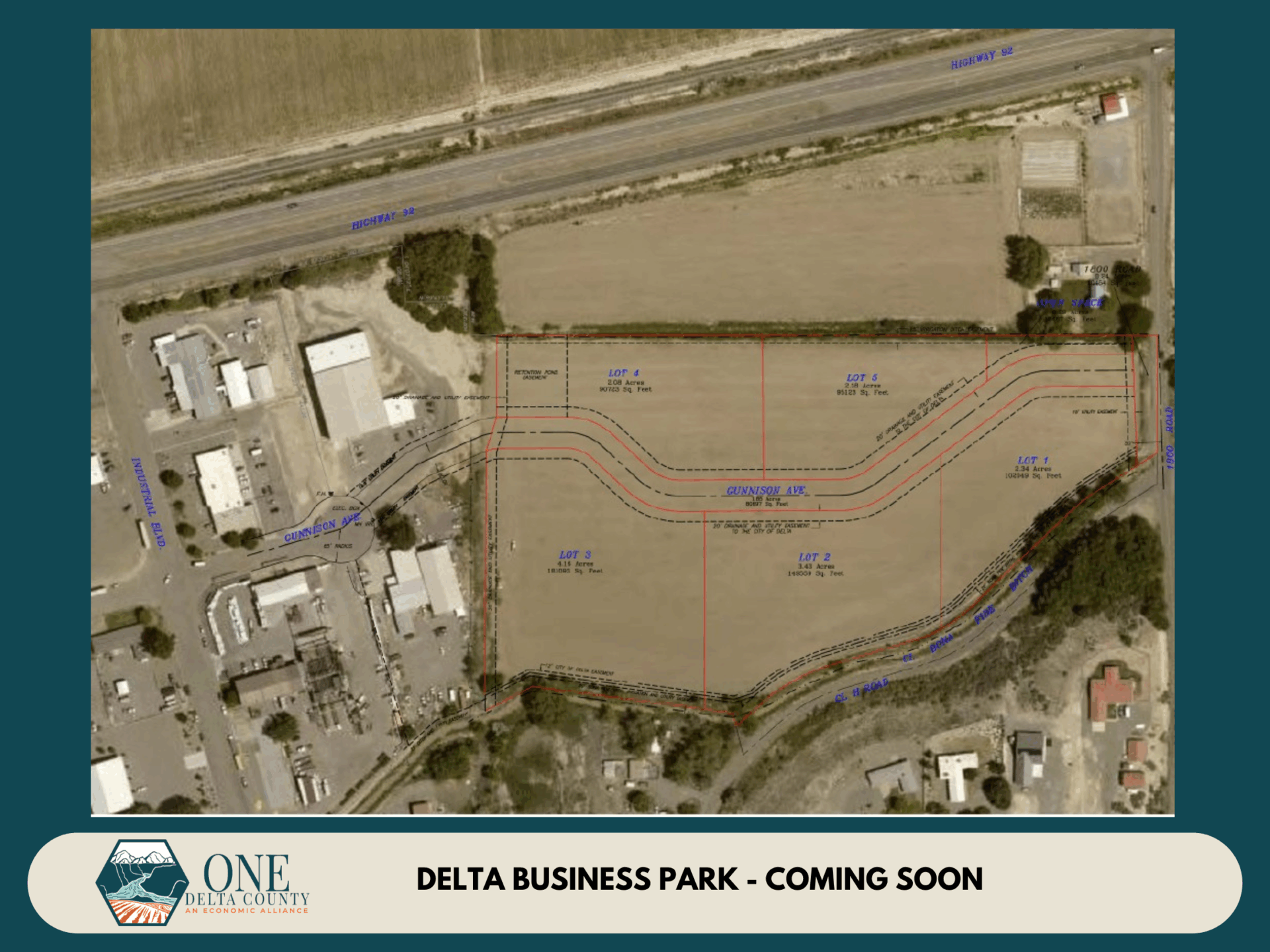 Map of Delta Business Park showing six lots (Lot 1: 1.69 acres, Lot 2: 2.63 acres, Lot 3: 5.51 acres, Lot 4: 2.38 acres, Lot 5: 3.32 acres, Lot 6: 1.63 acres) with proposed roads, Gunnison Ave and Highway 92 visible. The bottom section of the image features the "ONE DELTA COUNTY" logo on the left and text "DELTA BUSINESS PARK - COMING SOON" on the right.